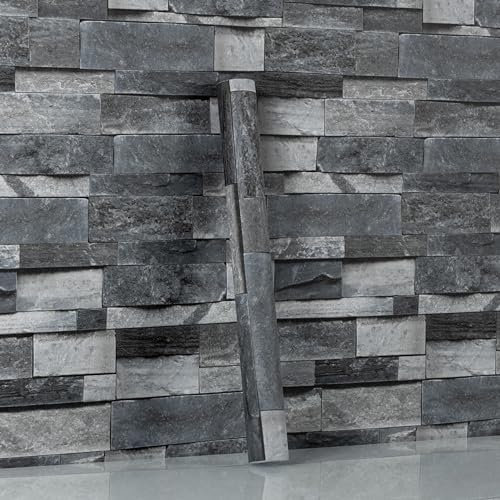 Hode Papier Peint Adhesif Effet Brique Gris 44X600cm, Pierre Feuilles Autocollant Amovible Décoratif, PVC Vinyle Film Imperméable pour Mur de Salon Cuisine Chambre Meubles
