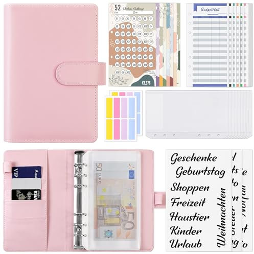 KONVINIT Budget Planner Deutsch,A6 Sparchallenge Budgetplaner,Budget binder mit 8 Sparchallenges 1€ | 2€ | 5€ | 10€ | 1000€| 52 Wochen Finanzplaner Haushaltsbuch Geld organizer,rosa