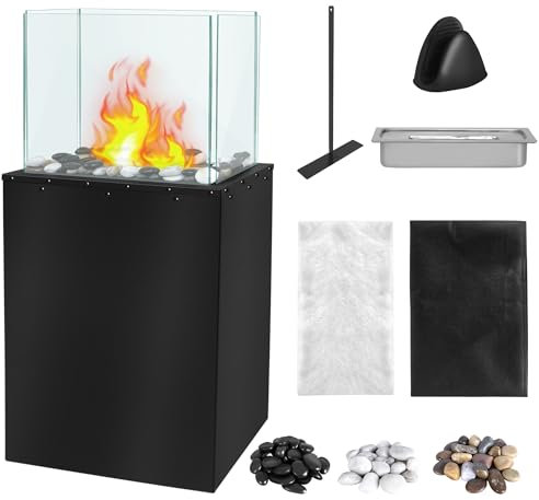 SUBTLETY Bioethanol Garten Kamin 80cm Höhe Feuersäule aus Metall & Gehärtetes Glas Outdoor Tischfeuer Ethanol Feuerstelle mit Feuerlöschabdeckung & Gummihandschuhen (Rechteckig)