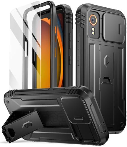 Poetic Revolution Hülle Kompatibel mit Galaxy Xcover 7 5G, [Schiebe-Kameraabdeckung], [20 Fuß Mil-Grade-Falltest], Ganzkörper-Schutzhülle in Militärqualität, robust, stoßfest, mit Ständer, Schwarz