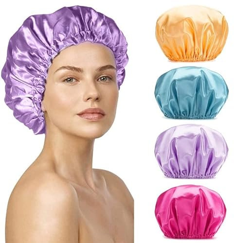 Reusable Shower Caps For Women 12.6 Inch Waterproof 4 Pack Large Shower Cap, Hair Caps Hair Care Double Layers Shower Cap For Women Hair Protection