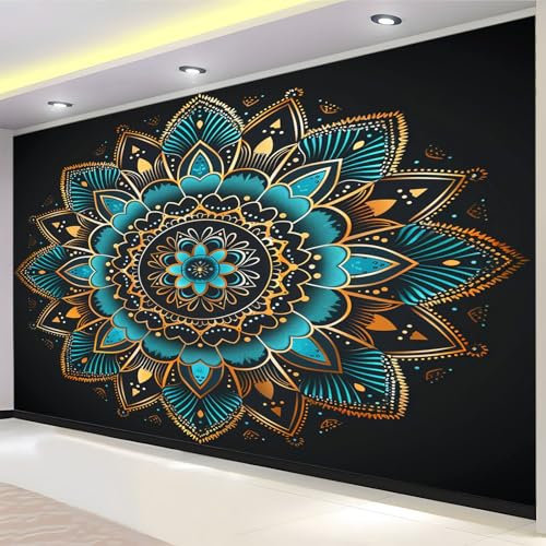 Fotomurales no tejido Flor Mandala Azul 200 x 140 cm Papel Pintado Decoración moderna, Murales póster efecto 3D, Decorativos Murales para Dormitorio Salón TV Pared