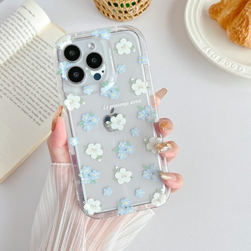 RALEAVO Floral Case for iPhone 14 Pro, Cute Clear Flower Aesthetic Phone Case for Girls Women, Silicone Shockproof TPU Protective Bumper Cover for iPhone 14 Pro 6.1 inch-Blue