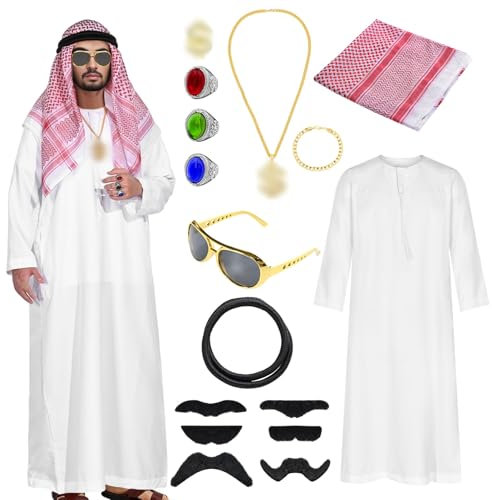 Raveparty Scheich Kostüm Herren, Araber Kostüm Herren, Arabische Kleidung Herren, Arabisches Weißes Gewand, Fasnachtskostüme Männer für Cosplay, Karneval, Party Geburtstag (Erwachsene, 2XL)