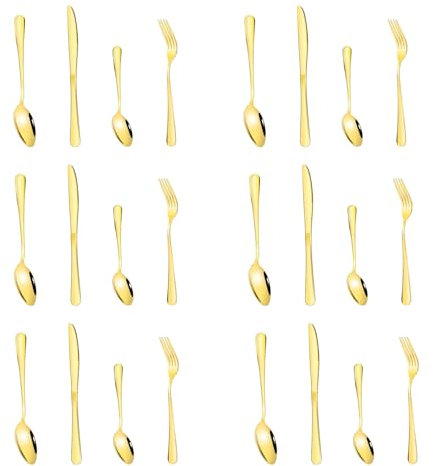 24 Stück Gold Besteck Set, Matt Gold Edelstahl Essbesteck Set für 6 Personen, Besteck Spiegelpoliert, Messer Gabel Löffel Set, Spülmaschinenfest & Rostfrei