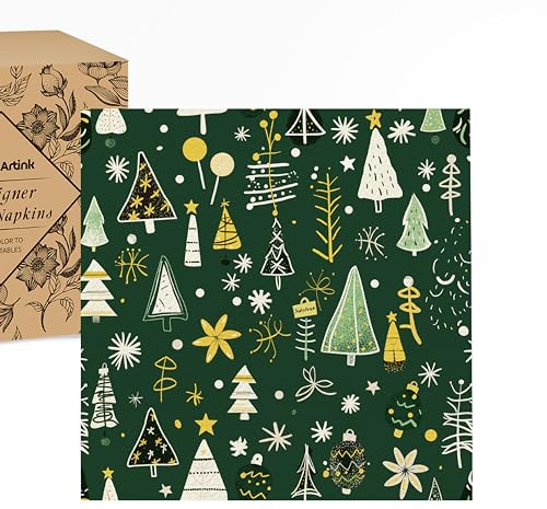 JoyfulArtink Weihnachtsservietten grün, 3-lagig, 50 Stück | Papierservietten, 16,5 x 16,5 cm gefaltet, für die Weihnachtstafel.
