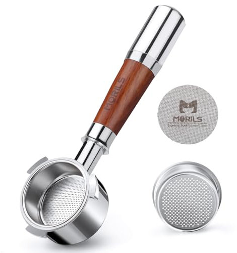 MORILS Bodenloser Siebträger 54mm, Siebträger Kompatibel mit Breville Espressomaschinen 870/878/880 – 54mm Filterhalter aus Edelstahl Mit 1 Tasse Filterkorb Spleißgriff aus Holz und Metall - 3 Ear