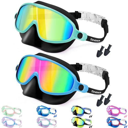 Vvinca Swim Goggles with Nose Cover, 2 Pack Wide View Diving Mask Anti-Fog UV No Leak Toddlers Swimming Goggles for Kids 3-12