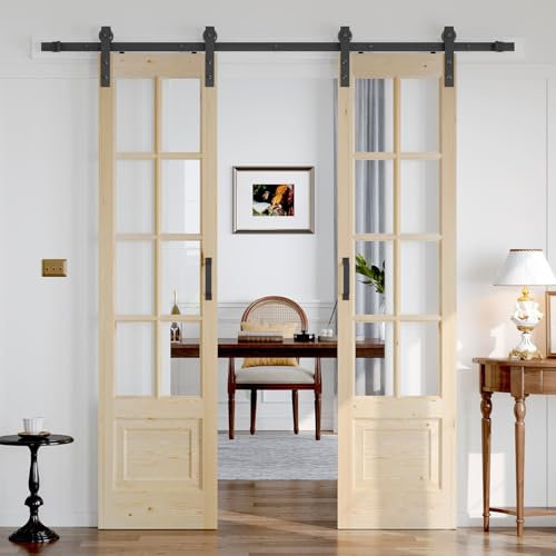 Roymelo Puerta interior francesa de vidrio transparente premontada de 42 x 84 pulgadas (doble de 21 x 84 pulgadas) con kit de herrajes para puerta de granero de 7 pies incluido, soporte de madera de