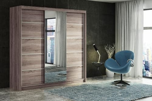 ELUKS CARLI Modern Sliding Door Wardrobe with Mirror, 2 or 3 Doors, 4 colours: WHITE/BLACK/OAK/GREY 5 sizes: 100cm/120cm/150cm/180cm/200cm (Oak, 200cm 6 Drawers)