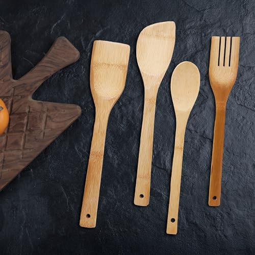 Set d'ustensiles de cuisine en bambou naturel 30 cm - 4 pièces : pelle, spatule, cuillère, fourchette - accessoires pour cuisiner et cuisiner - outils anti-rayures pour casseroles antiadhésives