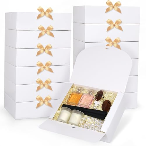 GXFCING 12 Stück Weiße Geschenkboxen mit Deckel 27 x 20 x 8cm Große Geschenkbox Geschenkkarton mit Gold Satinband für Hochzeit Geburtstag Weihnachten Party Geschenke Verpackung