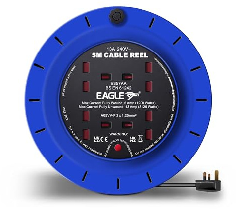Eagle 4 Socket 5m Outdoor Extension Lead Reel – Heavy‑Duty Retractable Cable Reel with Thermal Cut‑Out, 13A Weather‑Resistant Mains Extension Cable for Garden, DIY, Garage & Workshop Use