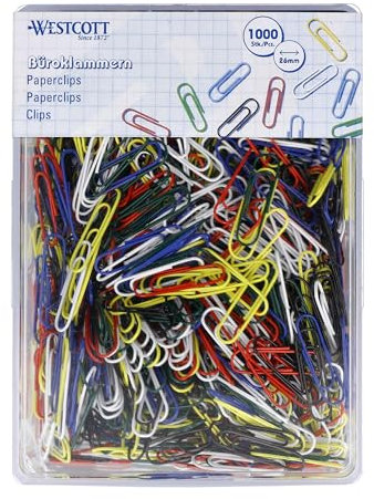 Westcott Büroklammern Bunt 1000 Stück | Vorratspack Papierklammern 26mm | Praktische Kunststoffbox | Aktenklammern für Büro und Haushalt | E-10642 00