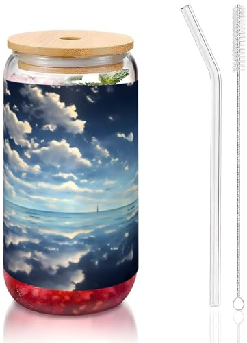 WZYCWB Nuvole bianche sul mare 16 once coperchio di bambù tazza di vetro tazza di vetro tazze da caffè ghiacciato carine tazze da tè ghiacciato tazze da birra ideali per accessori bar caffè regali