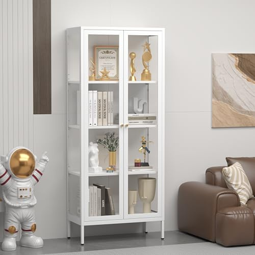 TIMELESS PIECES 4-Lagen Glasvitrine Metall und Glastüren,Weiß 35x70x168cm | Glasvitrine Stehend Vitrinenschrank mit 3 verstellbaren Ablagen, Standvitrine Sammlervitrine für Schlafzimmer Wein Büro