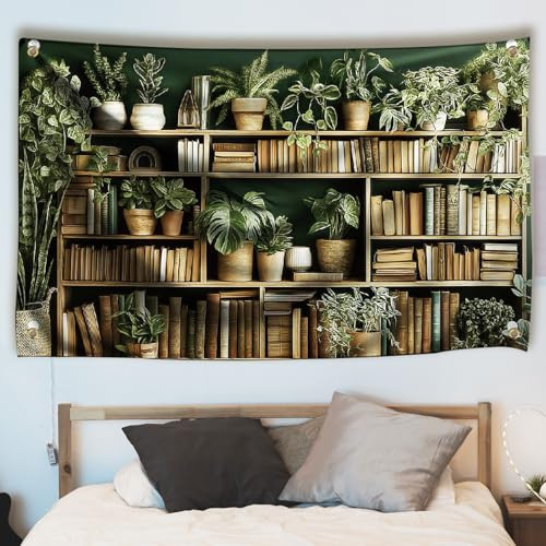 WEBEEDY Green Plant Bookshelf Tapestry Wall Hanging Potted Plant Book Tapestry Reading Wall Art Library Backdrop for Bedroom Living Room Office College Dorm Home Decor, 180x110cm