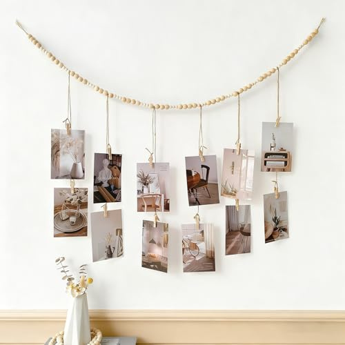 Fotokette mit 12 Klammern&Holzperlen, Bohemien Stil Gesamtlänge 130 cm | Fotogirlande Geburtstag,Fotos Aufhängen Ideen,Hochwertiges Holz&Juteseil, Langlebig, Perlen Verschiebbar, für Schlafzimmer