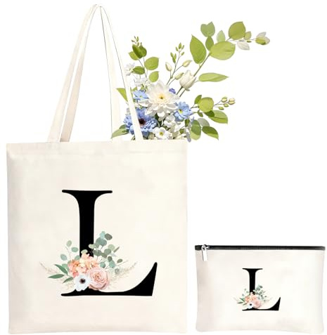 NHTJTHE Initialen Baumwolltasche personalisiert, Canvas Einkaufstasche mit Reißverschluss und dazu passende Kosmetiktasche,Besondere Geschenkidee für Frauen, Mama, Freundin zu Allen Festtagen