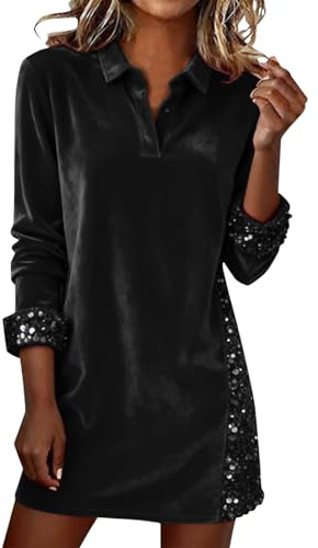Pailletten Kleider Damen Warm Langarm Samtkleid Lässig Festliche Abendkleid Elegant Glitzer Partykleid Knielang Cocktailkleid Einfarbig V-Ausschnitt Winterkleid Bequem Freizeitkleid