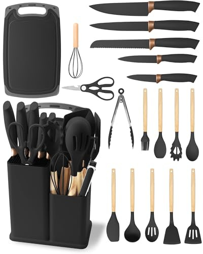 19 Piezas Utensilios de Cocina en Silicona - Juego de Cuchillos de Cocina con 5 Cuchillos, Soporte y Caja, Resistente al Calor Antiadherente