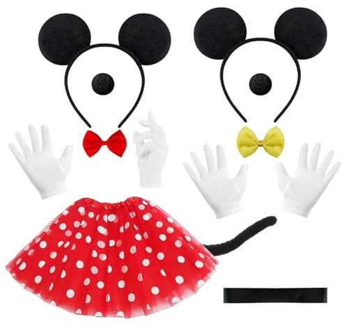 Damen Maus Mouse Kostüm,11Mini Maus Kostüm Damen,Mouse Kostüm Erwachsene,Karnevals Kostüme Mau-s nd Mini mou-se,Gepunktete Tutu,Ohren Haarreifen,Handschuhe,Fliege,Schleife,Nase,Schwanz,für Karneval