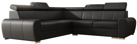 O-Sofa Ecksofa Apollo KN09, Eckcouch in L-Form mit Schlaffunktion, Farbe: Schwarz, Kunstleder, Ottomane Links