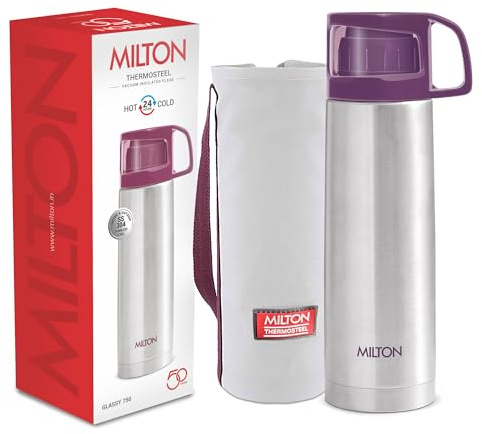 Milton Thermosteel Glassy 750, Double Walled Vacuum Insulated 750 ml | 25 oz | 24 Hours Hot and Cold Water Bottle with Drinking Cup Lid and Cover, Stainless Steel, BPA Free, Leak Proof | Purple