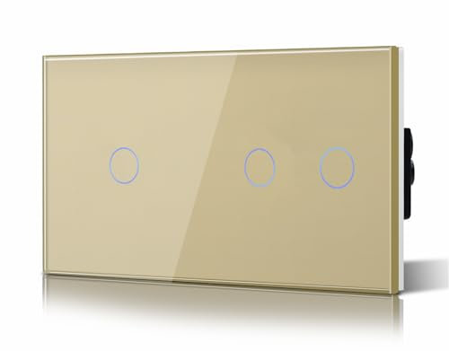 BSEED Interruptor Tactil luz pared,Interruptores Conmutador Modernos,Vidrio Panel con luz Piloto,Sin Función Wifi,1 Gang 2 Vía + 2 Gang 2 Vía,157mm Oro