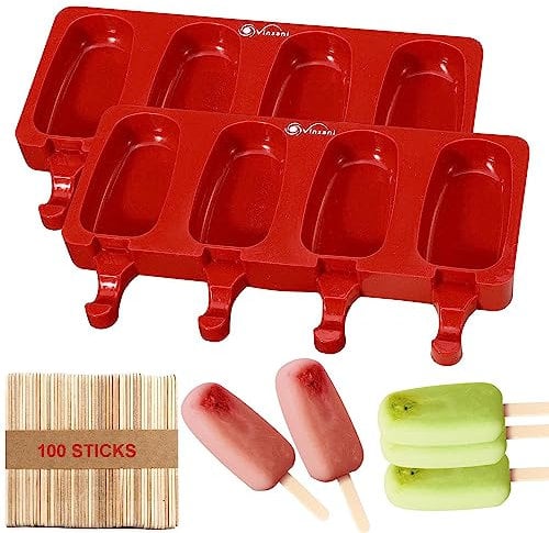 Vinsani Silicone 2 x 4 Cavity Ice Lolly Makers with 100 Sticks, Food Grade BPA Free Ice Cream Mould for Frozen Popsicle Tray DIY Layer Tray - Red