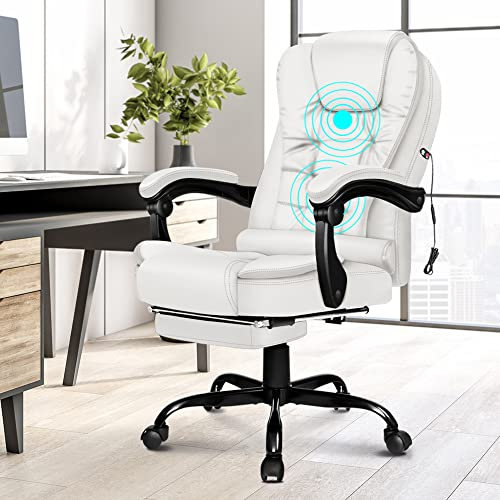 ELFORDSON White Home Office Chair with Footrest, Massage Office Chairs PC Chairs, Executive Office PU leather Chair with for Adults, White Colour…