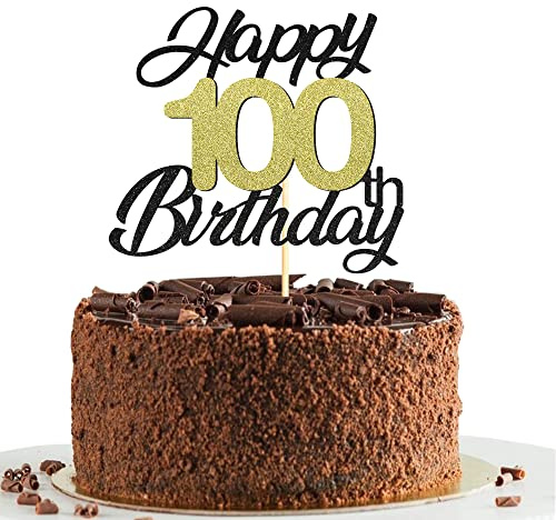 100th Birthday Cake Toppers,Black&Gold Glitter Cake Decorations,Happy 100th Cake Toppers for Men Women Birthday Themed Party,1PC