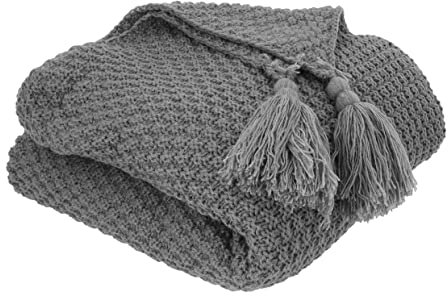 QUVIO Decke mit Quasten - Für Sofa - Für Bett - Plaids - Decke - Dekorative Decke - Tagesdecke - Wohnaccessoires - Baumwolle - Grau - 130 x 170 cm (lxw)