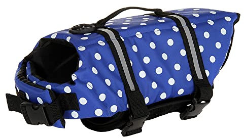FANSU Giubbotto Salvagente per Cani con Manico, Regolabile Giubbotti di Salvataggio per Animali Domestici per Cani di Taglia Piccola, Media e Grande per Nuoto, Canottaggio (S,Puntini Blu)