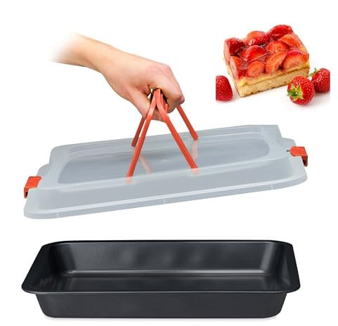 Relaxdays Backblech mit Deckel, 3 in 1 Kuchen Transportbox, BxT 40,5 x 32,5 cm, Backform, Transporthaube, schwarz/rot