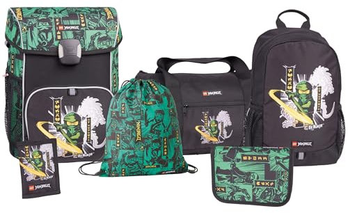 SKANDO BAGS Lego Ninjago Schulranzen Set Jungen & Mädchen ab 1. Klasse - 6-Teilig - Schulrucksack, Federmappe (Gefüllt), Turnbeutel, Kleinerer Rucksack, Geldbörse und Sporttasche, Grün