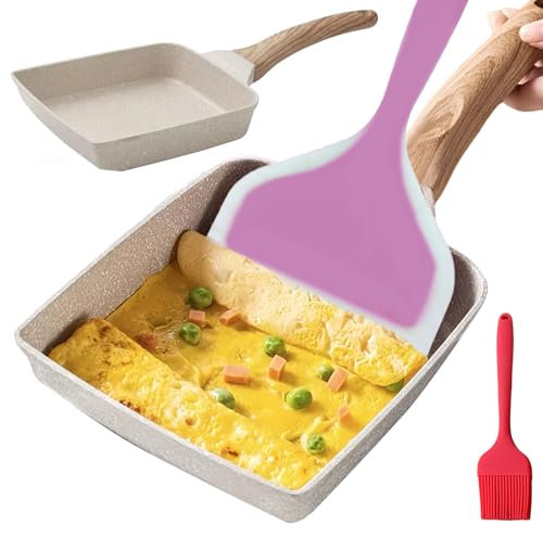 SPORWAY Padella per Omelette Giapponese, Tamagoyaki Padella Rettangolare Padella per La Colazione, Padella Pancake con Spatola in Silicone Pennello per Olio per Crepe Uova al Tegamino (Beige)