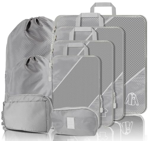 SINZUX 8 Teilige Kompression Koffer Organizer Set, Ultraleicht Erweiterbar Packwürfel Kofferorganizer Travel Organizer Reise Organizer, Grau Compression Packing Cubes für Koffer Rucksack Gepäck