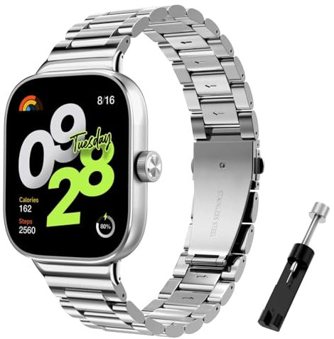 TiMOVO Armband kompatibel mit RedMi Watch 4, Edelstahl-Metall-Uhrenarmband für Herren, verstellbares Ersatz-Uhrenarmband mit faltbarer Schnalle für Xiaomi Mi Band 8 Pro, Silber