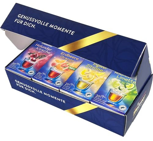 Meßmer Tee Geschenkbox Erfrischend Fruchtig | 4 Sorten à 20 Beutel | Holunderblüte Limette, Erdbeere Orange, Ingwer Zitrone, Holunder Kirsche