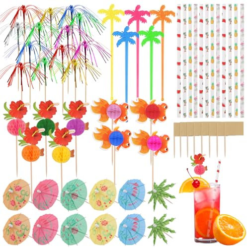MOSTFUN 187 Stück Cocktail Deko, Wiederverwendbar Cocktail Zubehör, Cocktail Schirmchen, Feuerwerk Sticks, Rührer Sticks, Strohhalme, Cocktail Party Dekorationen für Geburtstag Hochzeit Sommer Party