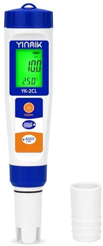 Piscinas Medidor de pH y Cloro, Probador de pH Salinidad de Piscinas de Agua Salada, YINMIK Probador de pH Sal Cloro Libre Temp ORP TDS EC de 7 en 1 para Piscinas, Jacuzzis, Hidroponía, Acuarios