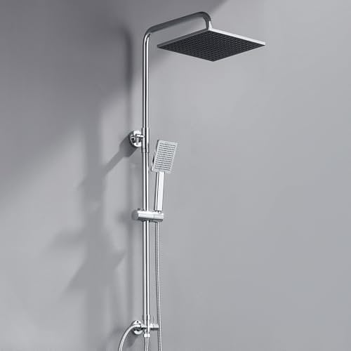 DERW Adjustable Shower Riser Rail Kit with 10 Square Rainfall Shower Head, Handheld Shower with Rotating Bracket, Shower Set Without Tap, Anti-Leak Hose,Easy Install, Suitable for Bathrooms(Chrome)