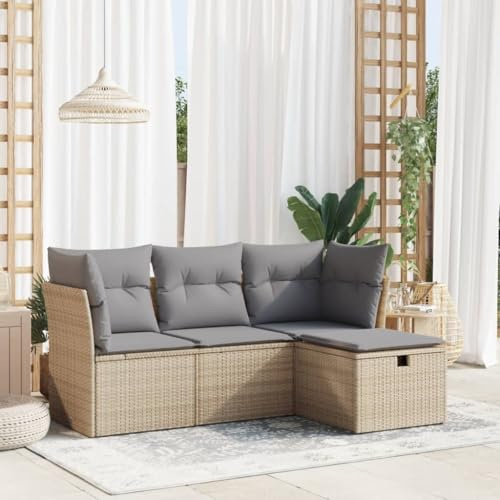 IKAYAA Rattan Gartenmöbel Set mit stauraum Gartenlounge mit stauraum Balkon Lounge Polyrattan Lounge Sitzgruppe Outdoor Terassenmöbel außen mit Kissen-Beige und Grau-4-tlg
