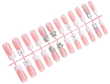 Press On Nails Long Square Stick On Nails With 3D Bows Designs Nails Accesories Full Covers Artificial Nails For Women