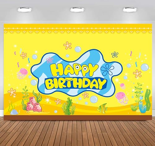 Yellow Theme Birthday Party Backdrop - 150×100 cm Kids Birthday Decoration Photo Wall Banner, Cartoon Sponge Background for Boys and Girls Party