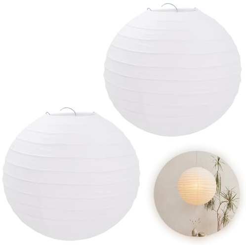 2 Stück Papierlampenschirm Rund, Lampions Weiß, Faltbare Papier-Laternen zum Aufhängen für DIY-Beschriftung und Dekoration in Wohnzimmer, Party, Garten und Hochzeit, Schlichtes Design