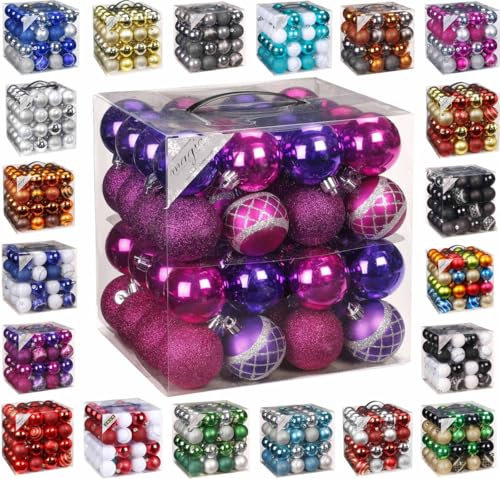 64x Kunststoff Christbaumkugeln 6cm Kugel Box Glanz Glitzer Matt Dekor Inge Glas, Farbe:Pink-Purple