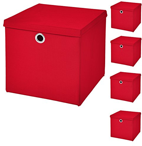CM3 5 Stück Rot Faltbox 32 x 32 x 32 cm Aufbewahrungsbox faltbar mit Deckel