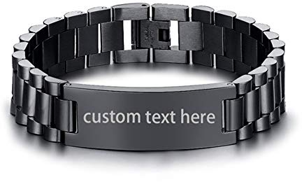 JewelryWe Herren Armband Edelstahl Gliederarmband: Klassiker Poliert Link Armkette Gliederarmband Uhrenarmband mit Gravurplatte Geschenk für Männer Schwarz